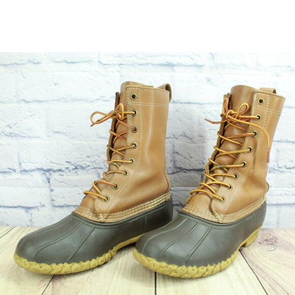 LL Bean Lace Up Unlined Mid Calf Duck Boots Brown Leather Round Toe Size 8 M - Picture 2 of 10